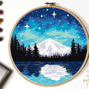 Landscape  Cross Stitch Pattern, mountain  counted cross stitch chart, starry sky, forest, lake,  round, embroidery, INSTANT DOWNLOAD PDF