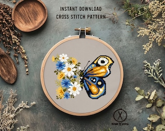 Floral butterfly Modern Cross Stitch Pattern, insects, flowers, Instant download PDF