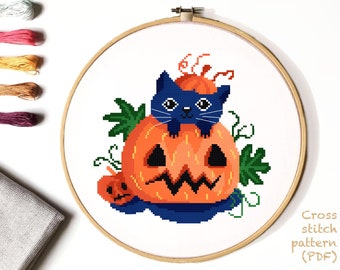 Halloween  Modern Cross Stitch Pattern, cat cross stitch chart, pumpkin ,nature, round, embroidery, INSTANT DOWNLOAD PDF
