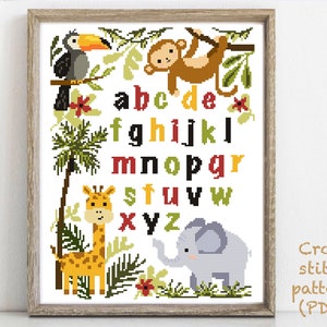 Alphabet Modern Cross Stitch Pattern, easy counted cross stitch, Africa animals cross stitch, baby, nursery decor instant download PDF