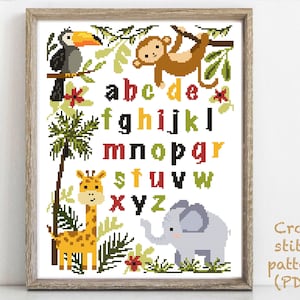 Patrón de punto de cruz moderno con alfabeto, punto de cruz fácil de contar, punto de cruz de animales de África, bebé, decoración de guardería, descarga instantánea en formato PDF