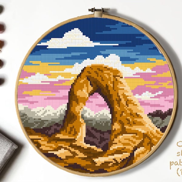 Arches National park Modern Cross Stitch Pattern, tableau de point de croix compté nature, montagne, art du cerceau, téléchargement instantané PDF