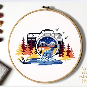 Landscape Modern Cross Stitch Pattern, nature counted cross stitch chart, mountain, forest, river, camera, hoop art, instant download PDF