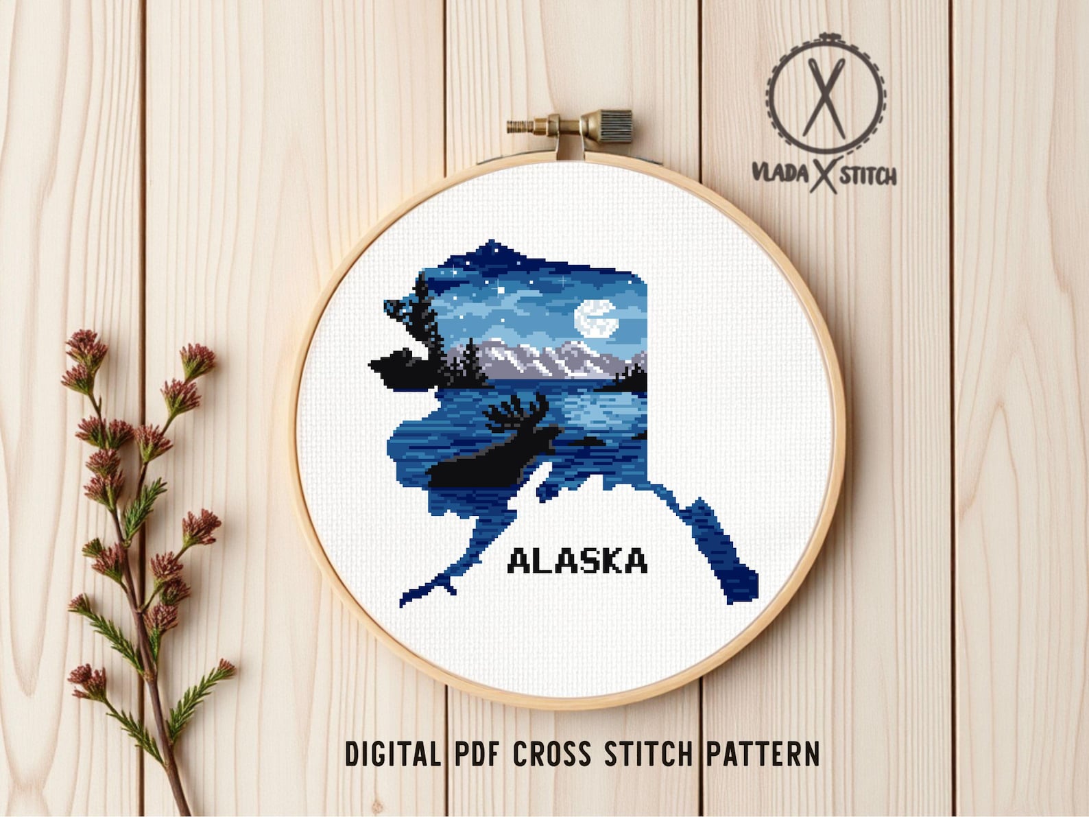 Alaska Landscape Cross Stitch Pattern, State Map, DIY Needlepoint (PDF ...