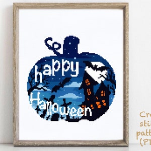 Halloween Modern Cross Stitch Pattern, castle cross stitch chart, pumpkin ,nature, round, embroidery, INSTANT DOWNLOAD PDF imagem 4