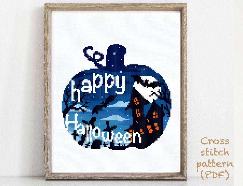 Halloween Modern Cross Stitch Pattern, castle cross stitch chart, pumpkin ,nature, round, embroidery, INSTANT DOWNLOAD PDF image 4