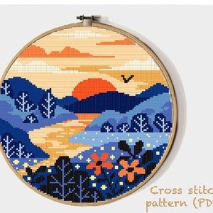 Patrón de punto de cruz moderno de paisaje, gráfico de punto de cruz contado de naturaleza, río, puesta de sol, flores, bosque, arte de bastidor, descarga instantánea en PDF