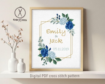 Patrón de punto de cruz personalizado para bodas, nombres y fecha, corona floral, bordado DIY (patrón en PDF)