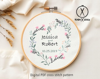 Wedding modern cross stitch pattern, personalized, floral heart, anniversary, wedding gift DIY, digital PDF