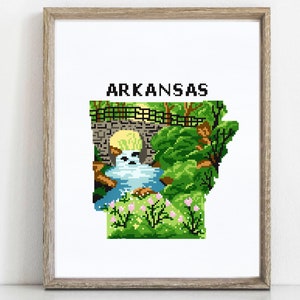 Arkansas state Modern Cross Stitch Pattern, Hot Springs National Park, nature counted cross stitch chart, flowers, embroidery, instant PDF