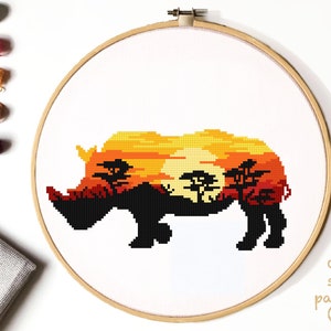 Rhinoceros Cross Stitch Pattern, easy counted cross stitch chart, landscape, sunset, animals  cross stitch, hoop art, instant PDF