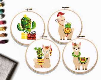 Christmas llamas,cactus  Modern Cross Stitch Pattern, easy cross stitch chart, nature cross stitch, Instant download PDF