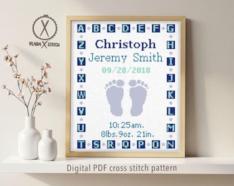 Kruissteekpatroon geboorteaankondiging baby, decoratie kinderkamer (digitale pdf)