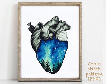 Heart Modern Cross Stitch Pattern, anatomy, body, landscape nature easy, forest, starry sky, galaxy, INSTANT DOWNLOAD PDF