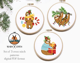 Set of 3 Christmas Sloths Modern Cross Stitch Pattern, easy cross stitch chart,  New Year cross stitch,Instant download PDF