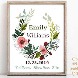 Babygeboorteaankondiging modern kruissteekpatroon, kinderkamerdecor geteld kruissteekdiagram, babyshowercadeau DIY, digitale PDF