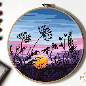 Landscape Modern Cross Stitch Pattern, nature easy counted cross stitch chart, sunset, floral, hoop art, instant download PDF
