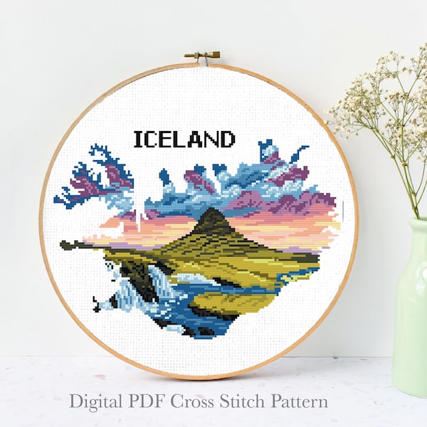 Iceland Modern Cross Stitch Pattern, country, nature easy counted cross stitch chart, landscape, instant download PDF