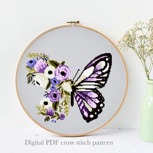 Bloemenvlinder Modern Cross Stitch Patroon, bloem geteld kruissteekdiagram, insecten natuur, hoepel, Instant download PDF