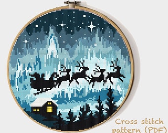 Northern Lights Modern Cross Stitch Pattern, Christmas cross stitch chart, forest ,nature, round, embroidery, INSTANT DOWNLOAD PDF