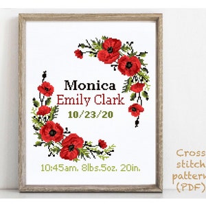 Anúncio de nascimento moderno padrão de ponto cruz, bebê, personalizado, decoração de berçário menino menina, contado, gráfico, presente DIY, PDF digital