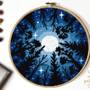 Landscape  Cross Stitch Pattern, starry sky  counted cross stitch chart, nature, forest , round, embroidery, INSTANT DOWNLOAD PDF