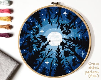 Landscape  Cross Stitch Pattern, starry sky  counted cross stitch chart, nature, forest , round, embroidery, INSTANT DOWNLOAD PDF