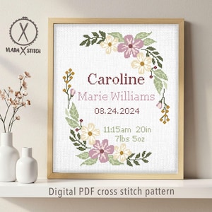 Baby birth announcement cross stitch pattern, boy girl nursery decor counted chart, baby shower gift DIY, digital PDF