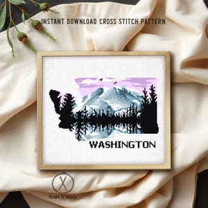 Washington State Modern Cross Stitch Pattern, Mountain Forest Hoop Art (PDF Download)