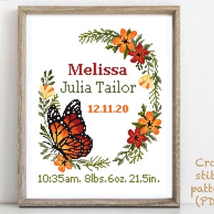 Anúncio de nascimento moderno padrão de ponto cruz, bebê, personalizado, decoração de berçário menino menina, contado, gráfico, presente DIY, PDF digital