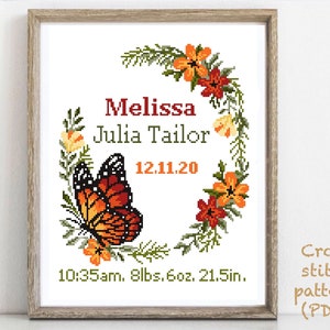 Birth announcement modern cross stitch pattern, baby, personalized, boy girl nursery decor, counted, chart, gift DIY, digital PDF