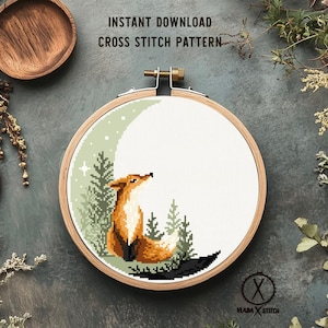 Wzór haftu krzyżykowego lisa, księżyc, las, do natychmiastowego pobrania w formacie PDF.