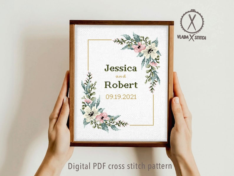 Patrón de punto de cruz para bodas, corona floral personalizada, aniversario, regalo de boda DIY, PDF digital imagen 2