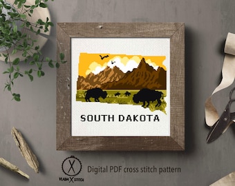 South Dakota Landscape Cross Stitch Pattern, Buffalo Sunset, Modern Pixel Art (Digital PDF)