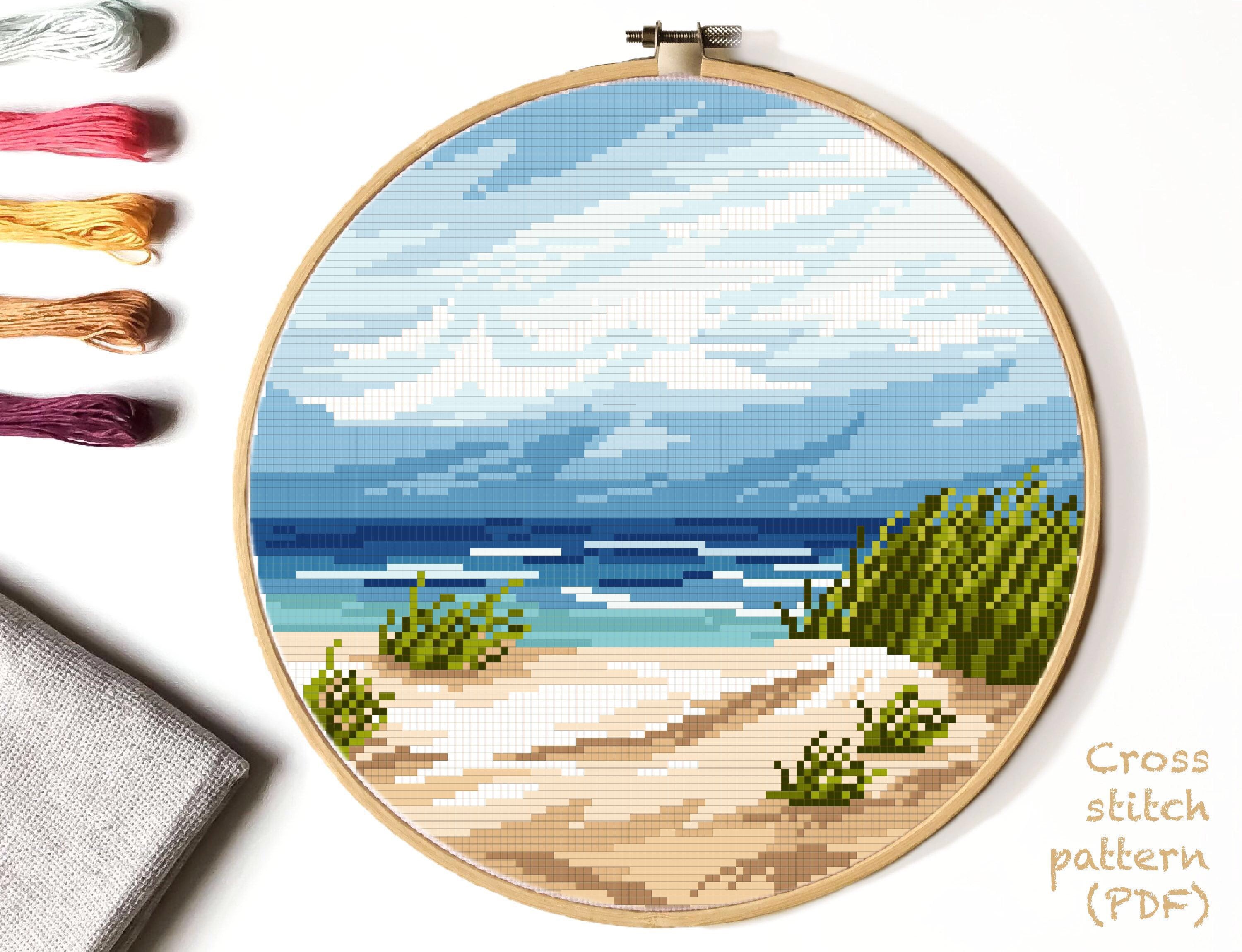 Modern nature cross stitch pattern, landscape, sea, beach, watercolor, easy cross stitch,  embroidery,  INSTANT DOWNLOAD PDF