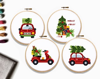 Christmas decor Modern Cross Stitch Pattern, easy cross stitch chart, nature cross stitch, cars, tree, Instant download PDF