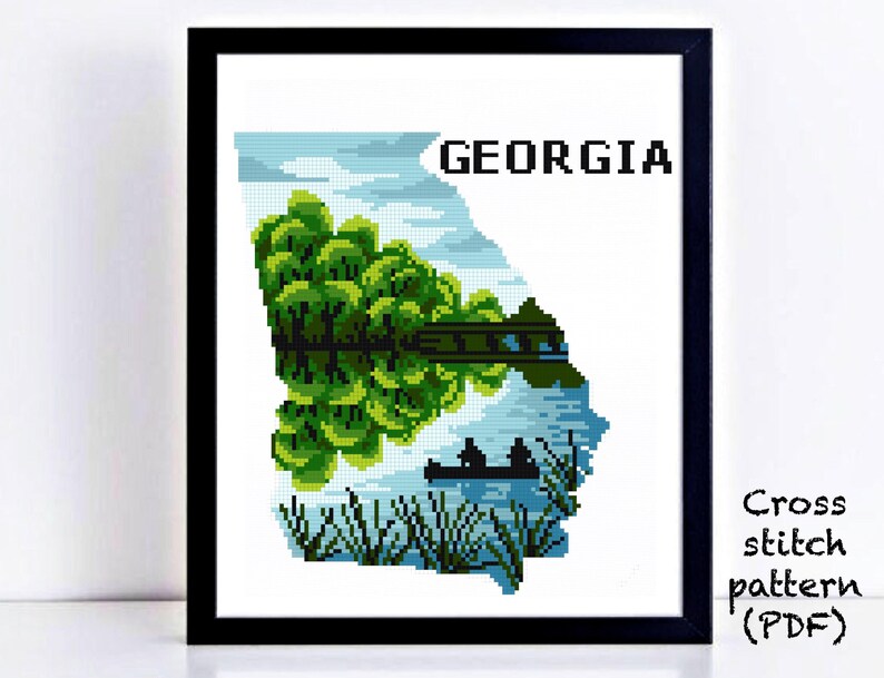 Georgia US states Modern Cross Stitch Pattern instant download PDF forest nature easy counted cross stitch chart hoop art river