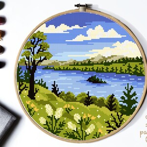 Patrón de punto de cruz moderno del Parque Nacional del Lago Tahoe, gráfico de punto de cruz contado de naturaleza, paisaje, flores, árboles, PDF instantáneo