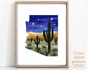Arizona state Modern Cross Stitch Pattern, nature counted cross stitch chart, Saguaro national park, night sky, cactus, instant PDF