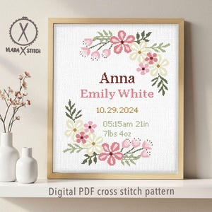 Schema per ricamo a punto croce personalizzato per annunciare la nascita di una bambina (PDF digitale)