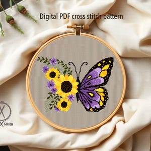 Floral butterfly Cross Stitch Pattern, insect, flower counted chart, botanical, nature, hoop, Instant download PDF