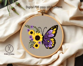 Floral Butterfly Cross Stitch Pattern, Modern Botanical Design (PDF)
