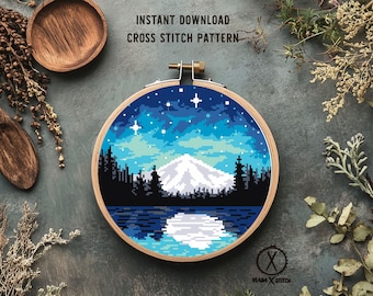 Mountain Lake Pixel Art Cross Stitch Pattern, Night Sky Landscape
