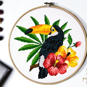 Tropical Bird Modern Cross Stitch Pattern, flowers counted cross stitch chart, animal cross stitch, nature, embroidery, instant PDF
