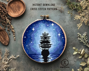 Sailboat Cross Stitch Pattern, Starry Night Landscape (Instant Download PDF)