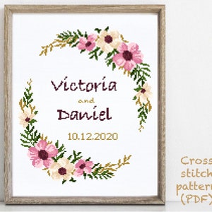 Wedding modern cross stitch pattern, personalized, customized, floral, wreath, counted, chart, anniversary, wedding gift DIY, digital PDF