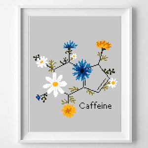 Caffeine molecule floral cross stitch pattern modern, easy, flower, kitchen, food, drink, science, chart, instant download PDF