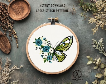 Butterfly Cross Stitch Pattern, Floral Embroidery Design, Modern Chart (PDF Download)