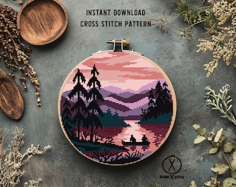 Mountain River Landscape Cross Stitch Pattern, Nature Embroidery (PDF Pattern)