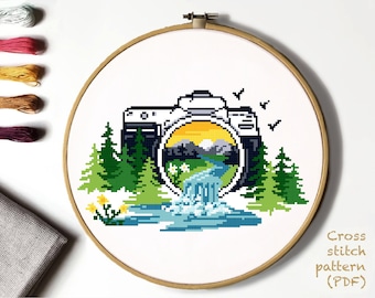Landscape Modern Cross Stitch Pattern, nature counted cross stitch chart, river, sunset,mountain, forest, hoop art, instant download PDF